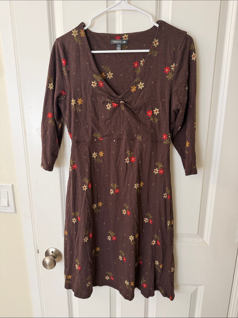 Toad&Co Brown Floral Runched-Front 3/4-Sleeve Midi Dress